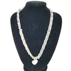 Silver Tone Heart Pendant Necklace Chain link and rhinestones Valentine